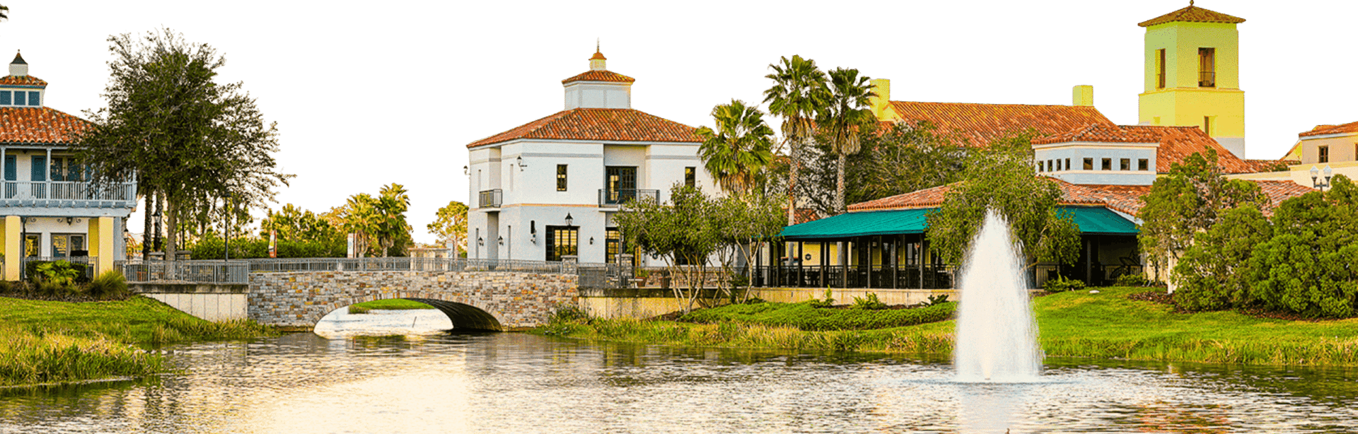 Solivita waterfront buildings and fountain